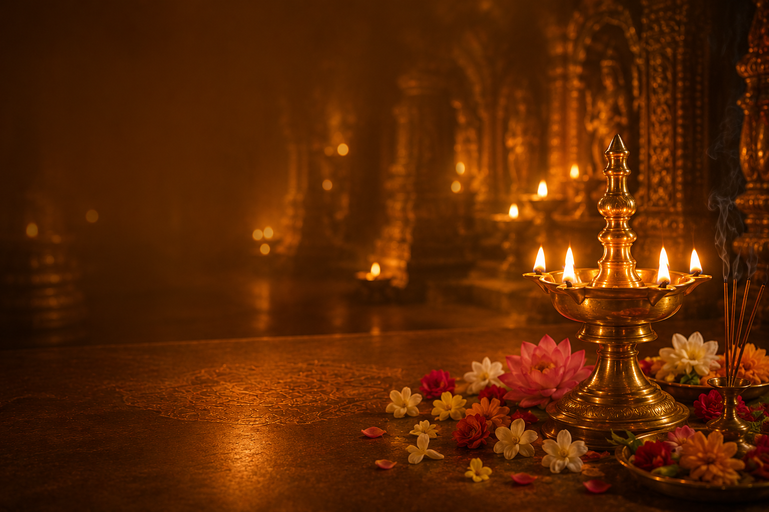 A sacred traditional altar with diya, offerings and flowers