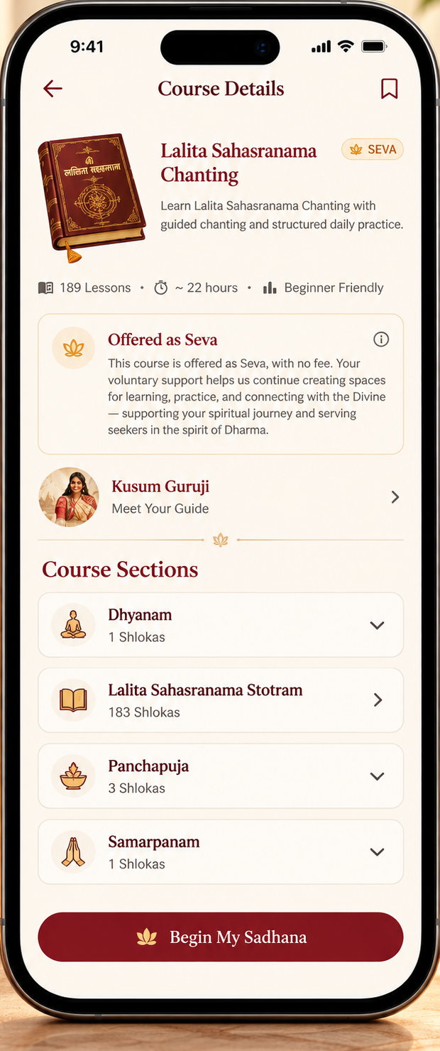 Shruti Sadhana App - Sri Lalita Sahasranama Course Path showing structured 189 verses