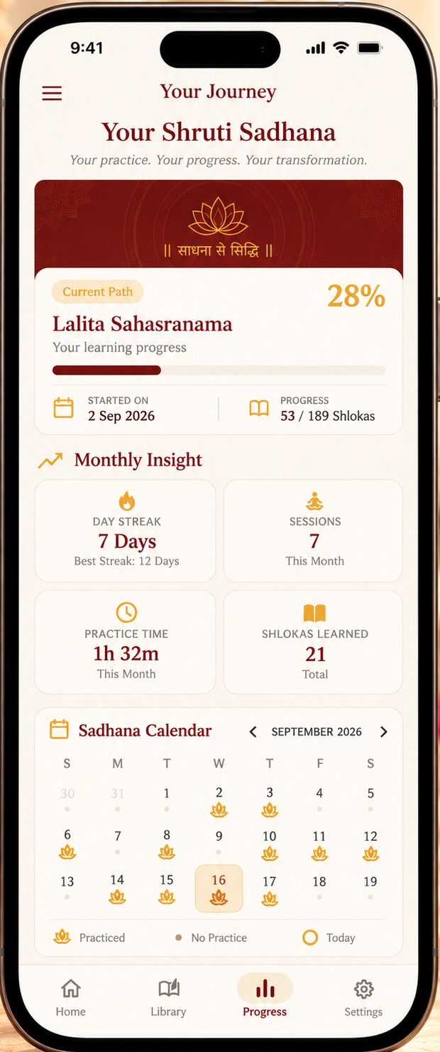 Shruti Sadhana App - Progress and Streaks Dashboard showing completed verses and sadhana history