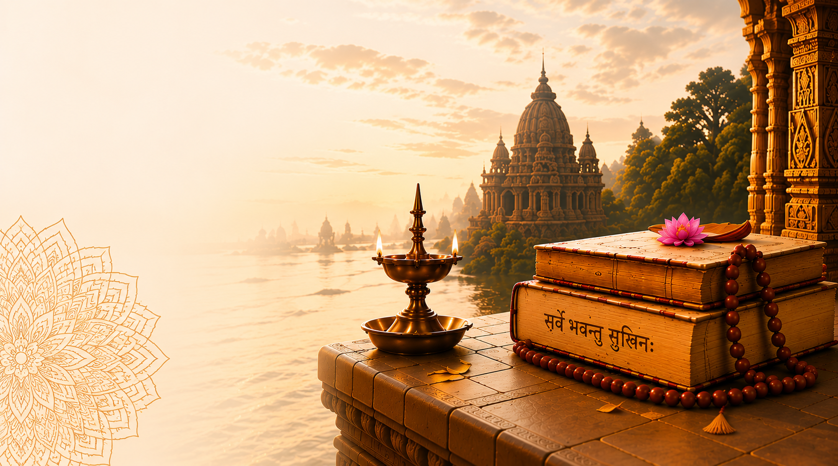 Sacred Sanskrit scriptures stack with diya and lotus