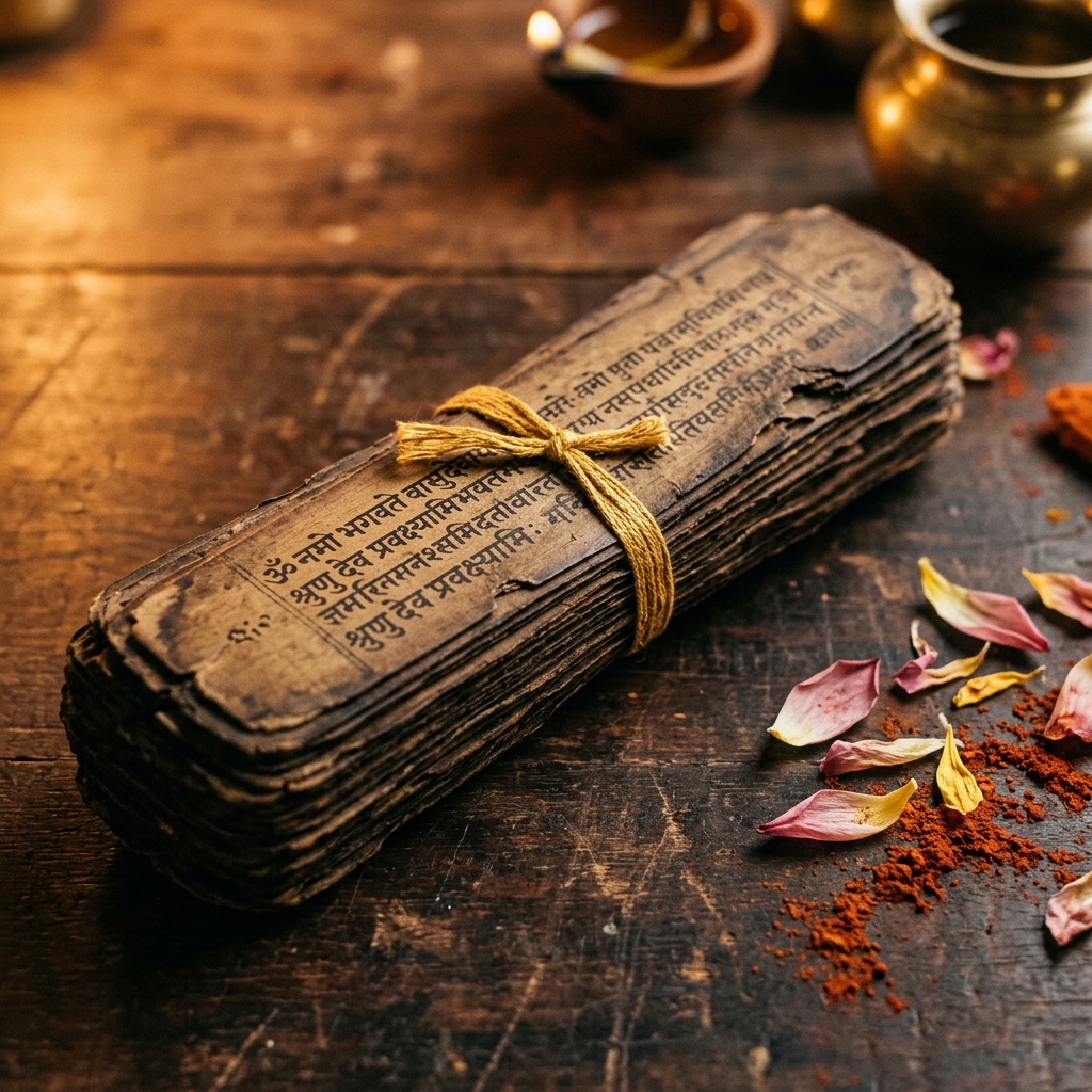 Traditional scripture scroll text on wooden surface with rudraksha beads